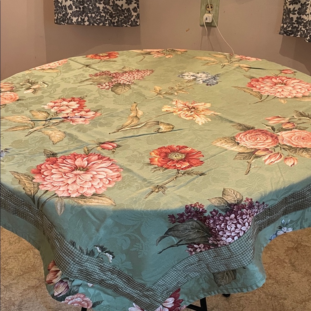 Waverly Damask Weave Floral Design Green Tablecloth Satin Ribbon Border Custom M